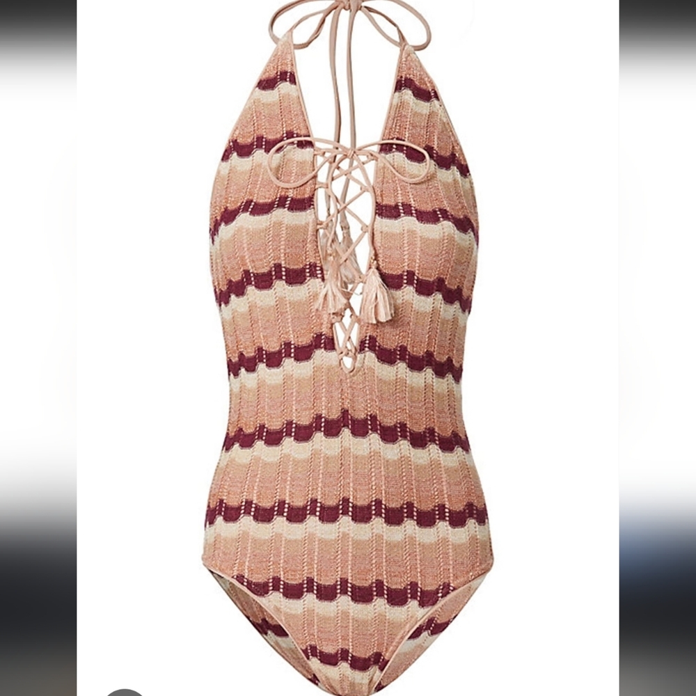 SUBOO l M Boho Ombré Metallic Zig-Zag Knit Lace-up Tassel Tie One Piece Swimsuit